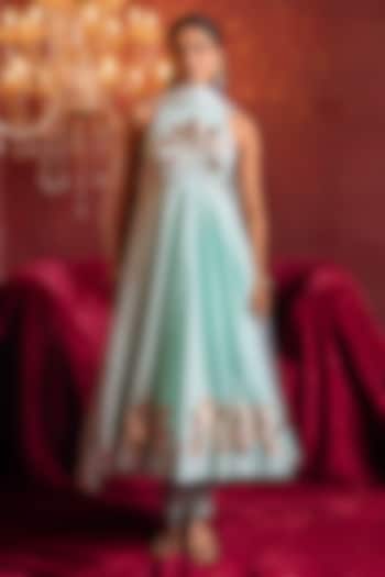 Aqua Blue Organza Gota Patti Handwork Wedding Anarkali Set by Pomcha Jaipur at Pernia's Pop Up Shop