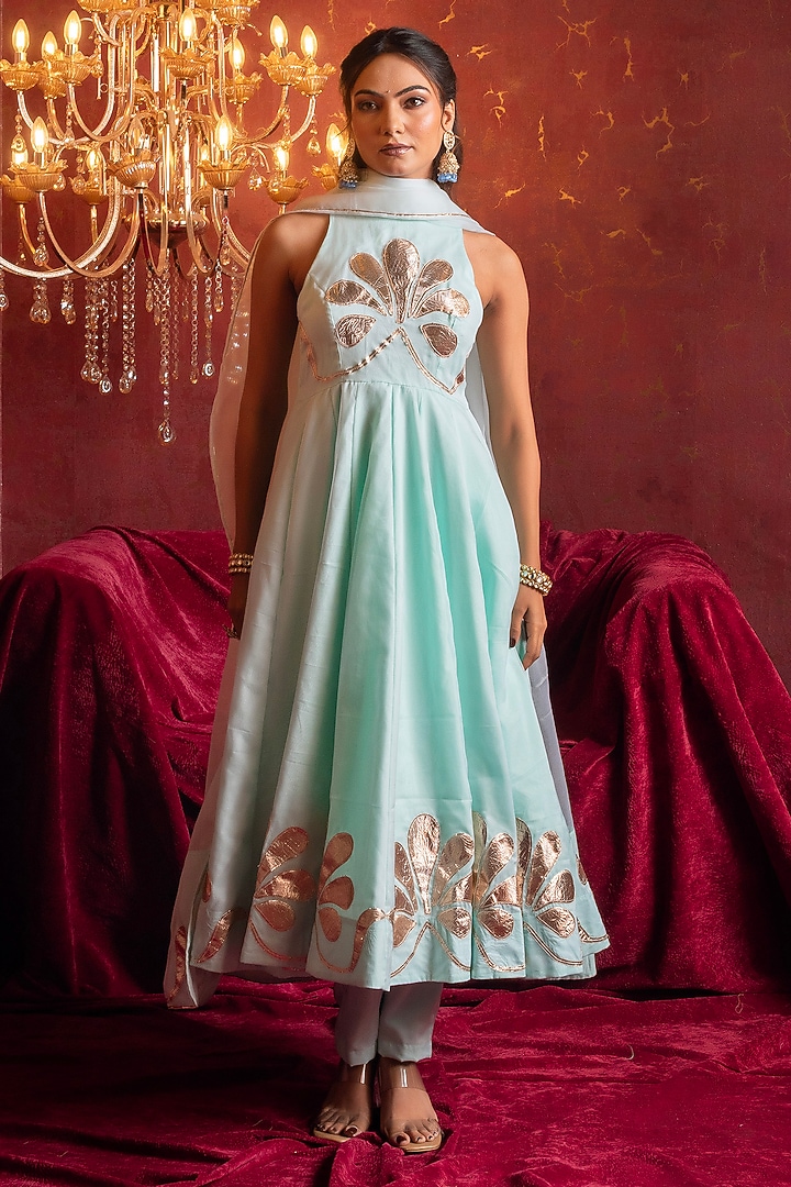 Aqua Blue Organza Gota Patti Handwork Wedding Anarkali Set by Pomcha Jaipur at Pernia's Pop Up Shop