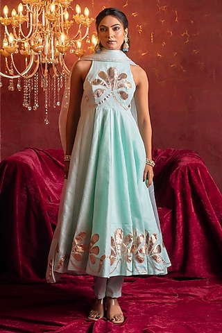 Aqua Blue Organza Gota Patti Handwork Anarkali Set by Pomcha Jaipur