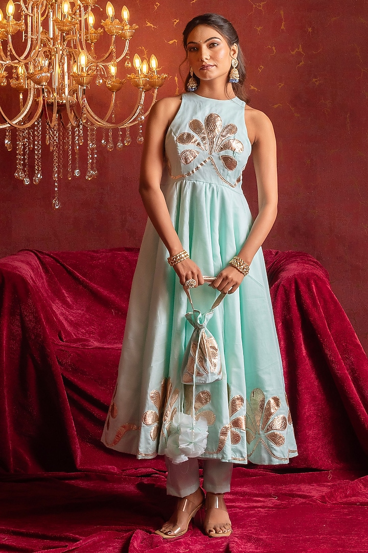 Aqua Blue Organza Gota Patti Handwork Wedding Anarkali Set by Pomcha Jaipur at Pernia's Pop Up Shop