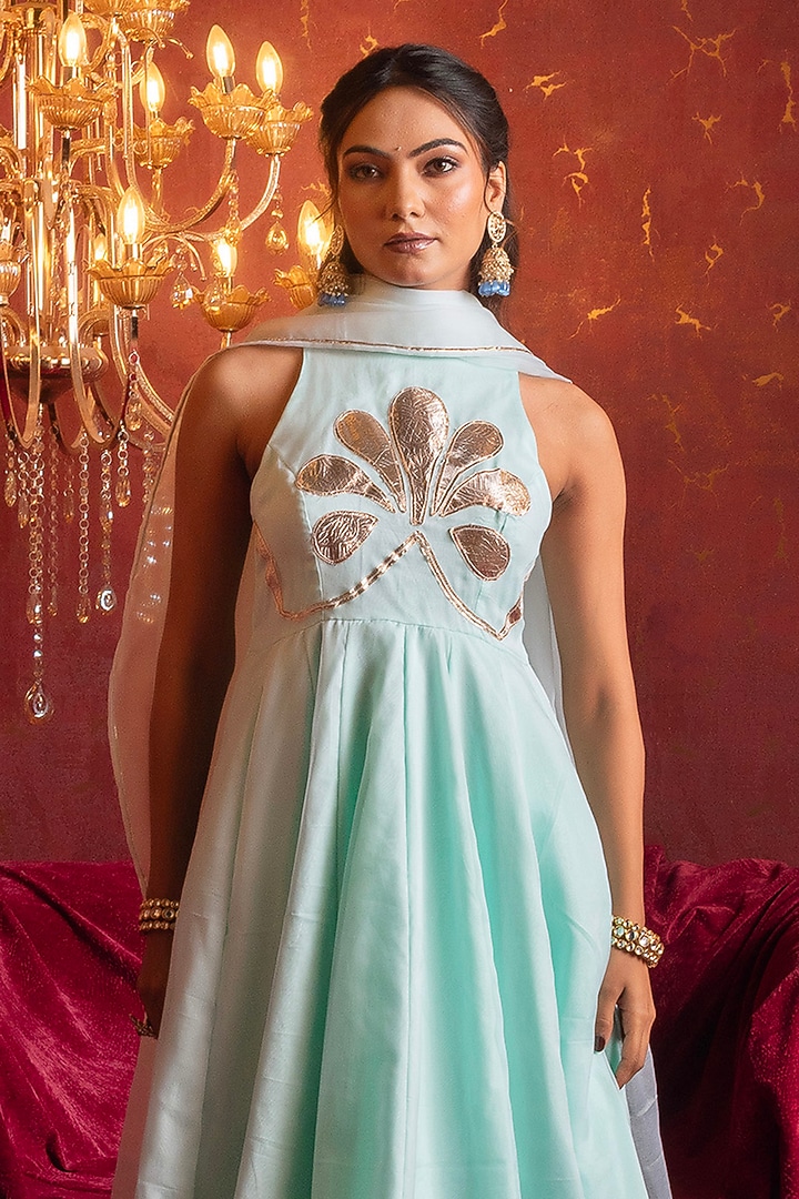 Aqua Blue Organza Gota Patti Handwork Wedding Anarkali Set by Pomcha Jaipur at Pernia's Pop Up Shop