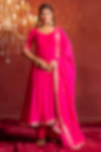 Pink Organza Zari Handwork Wedding Anarkali Set by Pomcha Jaipur at Pernia's Pop Up Shop