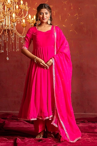 Pink Organza Zari Handwork Anarkali Set by Pomcha Jaipur