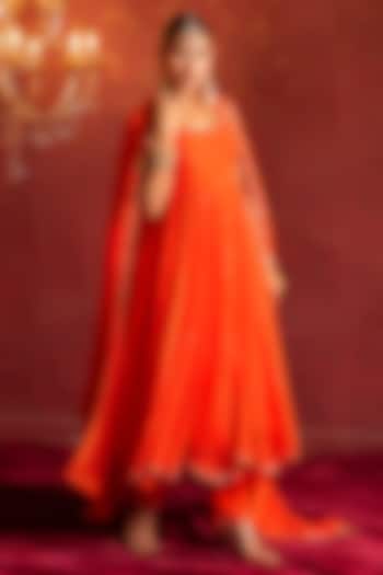 Kesariya Orange Organza Sequins Handwork Wedding Anarkali Set by Pomcha Jaipur at Pernia's Pop Up Shop