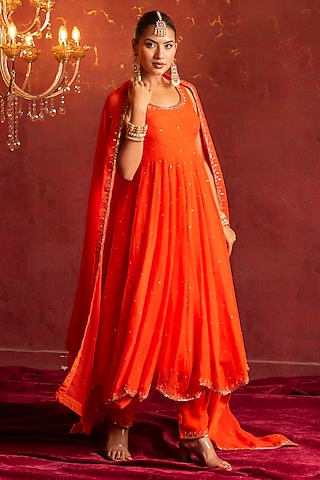 Kesariya Orange Organza Sequins Handwork Anarkali Set by Pomcha Jaipur