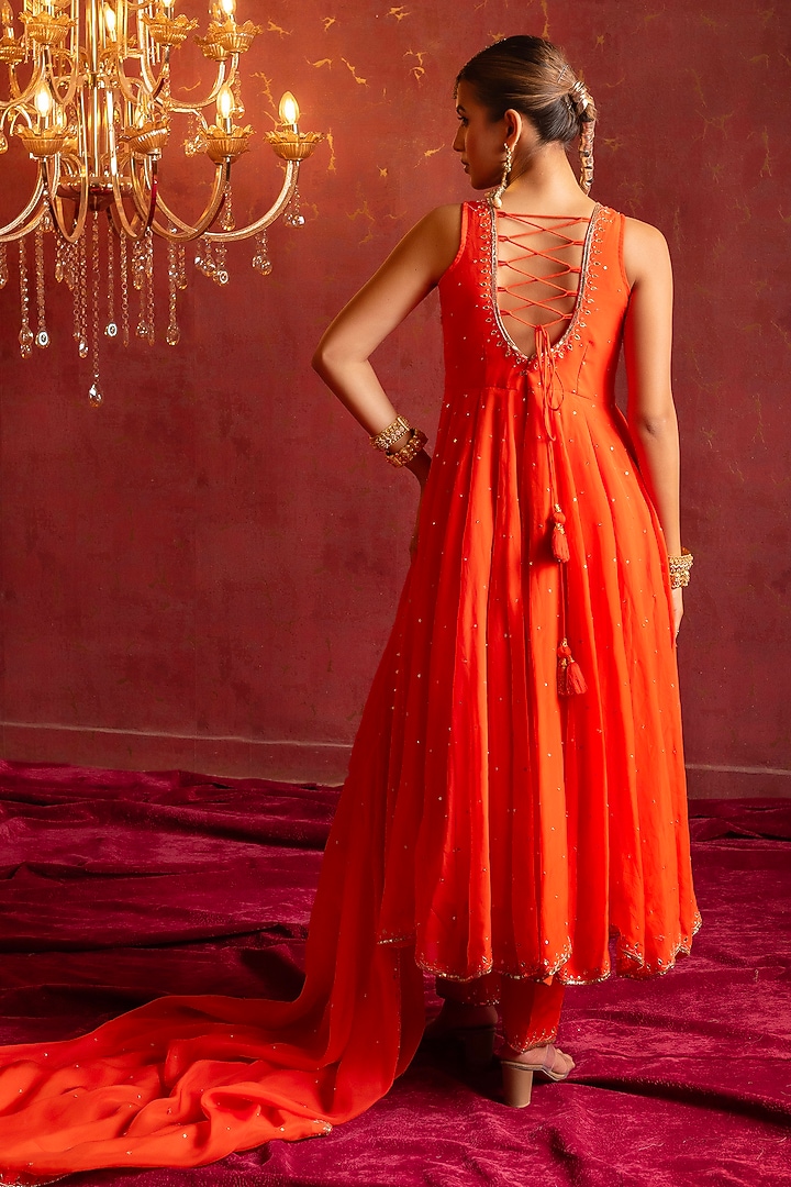 Kesariya Orange Organza Sequins Handwork Wedding Anarkali Set by Pomcha Jaipur at Pernia's Pop Up Shop