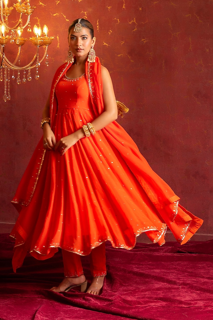 Kesariya Orange Organza Sequins Handwork Wedding Anarkali Set by Pomcha Jaipur at Pernia's Pop Up Shop