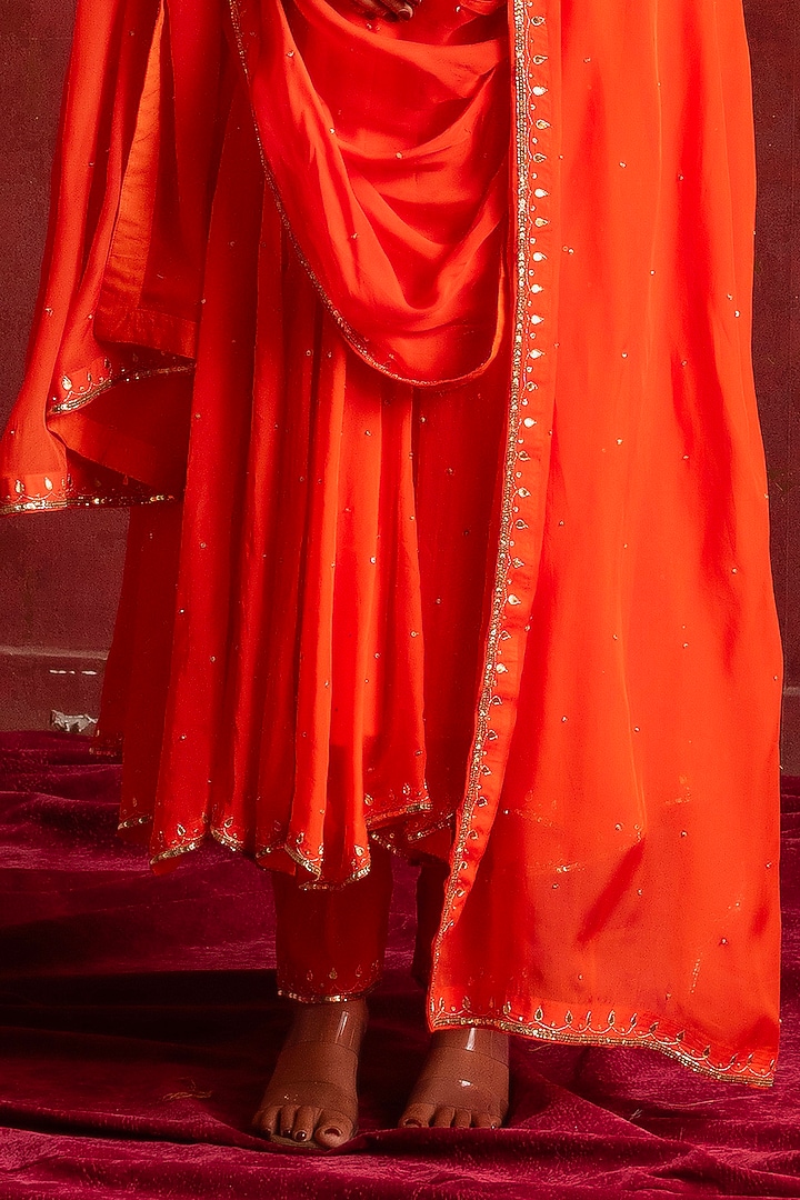 Kesariya Orange Organza Sequins Handwork Wedding Anarkali Set by Pomcha Jaipur at Pernia's Pop Up Shop
