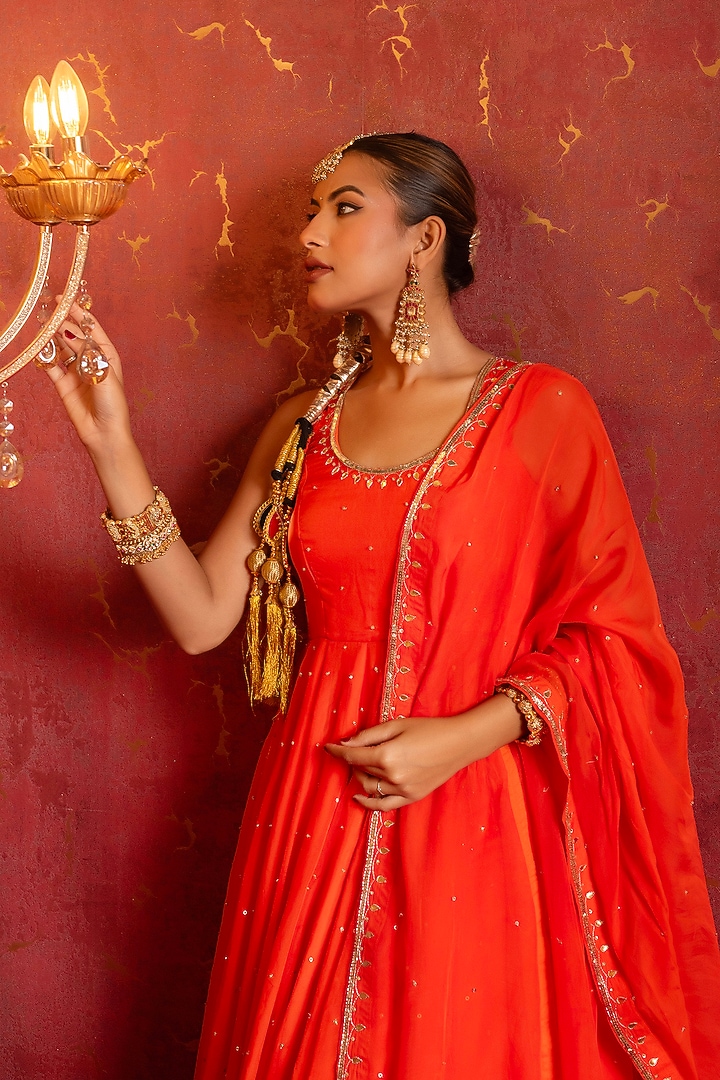 Kesariya Orange Organza Sequins Handwork Wedding Anarkali Set by Pomcha Jaipur at Pernia's Pop Up Shop