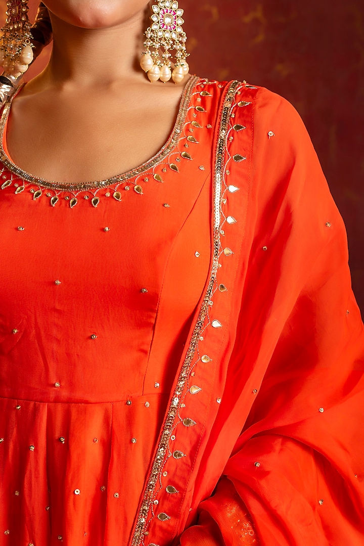 Kesariya Orange Organza Sequins Handwork Wedding Anarkali Set by Pomcha Jaipur at Pernia's Pop Up Shop
