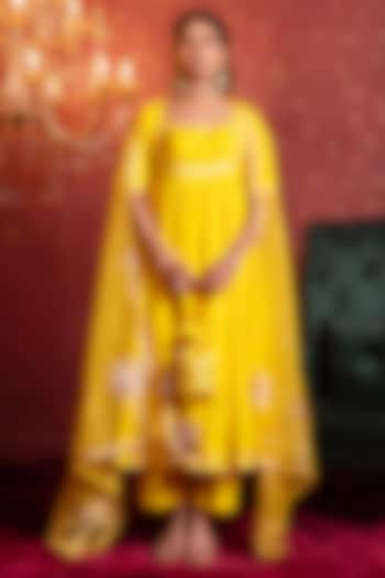 Yellow Organza Gota Patti Work Wedding Anarkali Set by Pomcha Jaipur at Pernia's Pop Up Shop