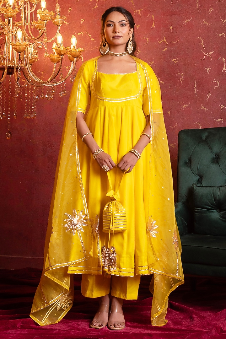 Yellow Organza Gota Patti Work Wedding Anarkali Set by Pomcha Jaipur at Pernia's Pop Up Shop