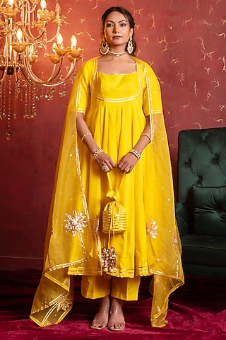 Yellow Organza Gota Patti Work Anarkali Set by Pomcha Jaipur