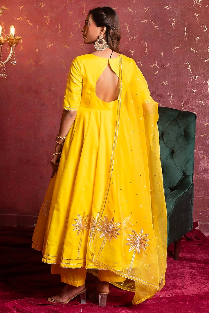 Yellow Organza Gota Patti Work Wedding Anarkali Set by Pomcha Jaipur at Pernia's Pop Up Shop