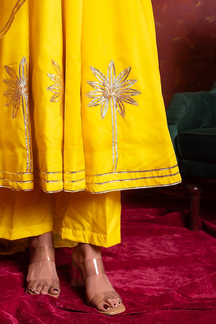 Yellow Organza Gota Patti Work Wedding Anarkali Set by Pomcha Jaipur at Pernia's Pop Up Shop