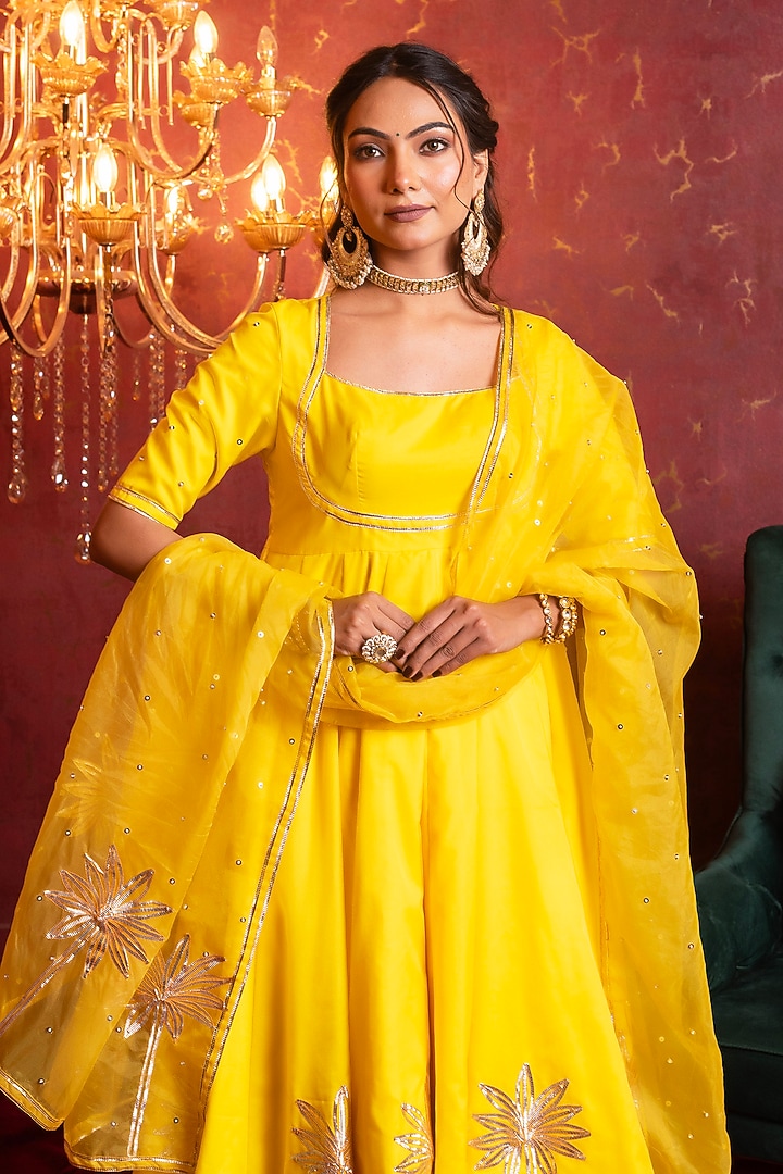 Yellow Organza Gota Patti Work Wedding Anarkali Set by Pomcha Jaipur at Pernia's Pop Up Shop