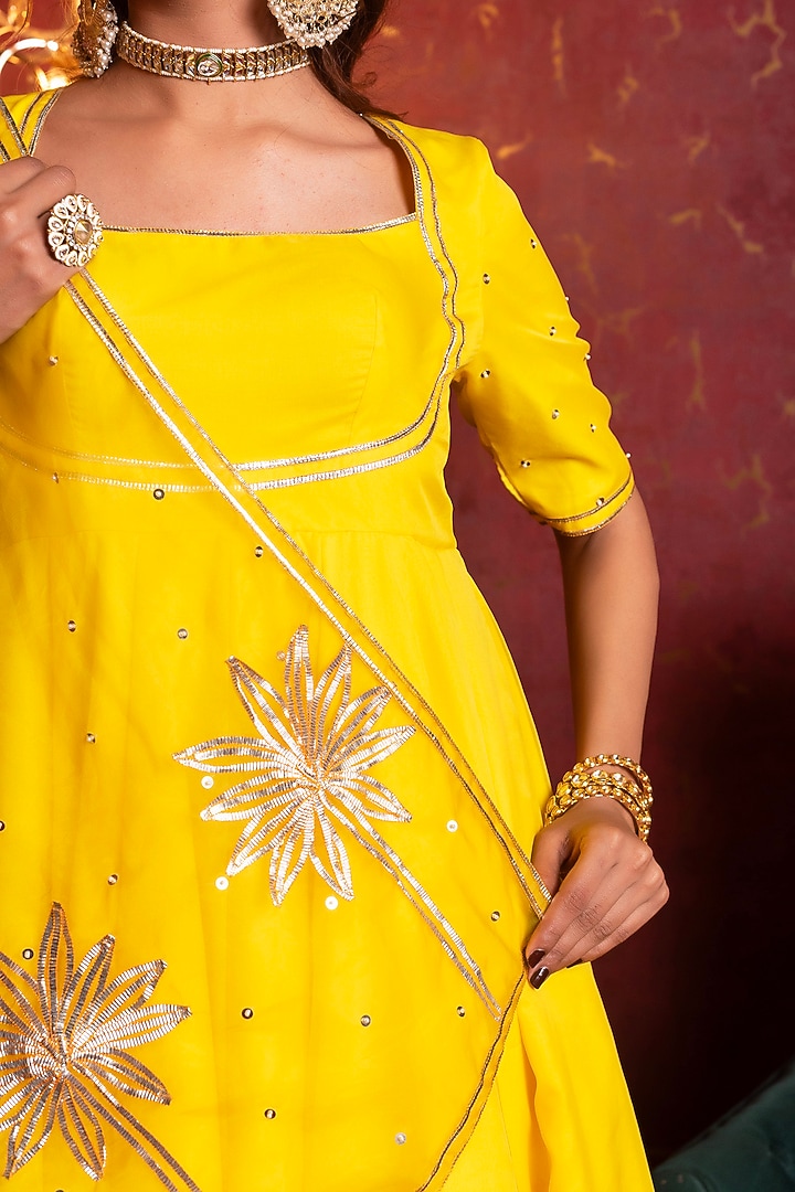 Yellow Organza Gota Patti Work Wedding Anarkali Set by Pomcha Jaipur at Pernia's Pop Up Shop