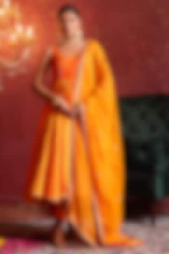 Saffron Orange Taffeta Gota Patti Work Party Wear Anarkali Set by Pomcha Jaipur at Pernia's Pop Up Shop