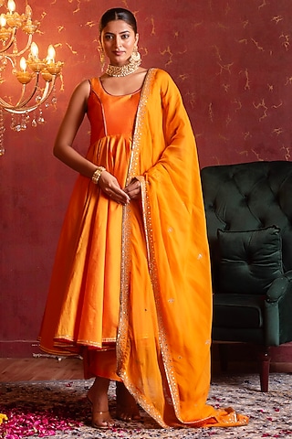 Saffron Orange Taffeta Gota Patti Work Anarkali Set by Pomcha Jaipur