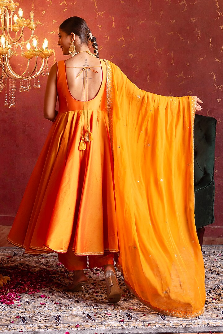 Saffron Orange Taffeta Gota Patti Work Party Wear Anarkali Set by Pomcha Jaipur at Pernia's Pop Up Shop