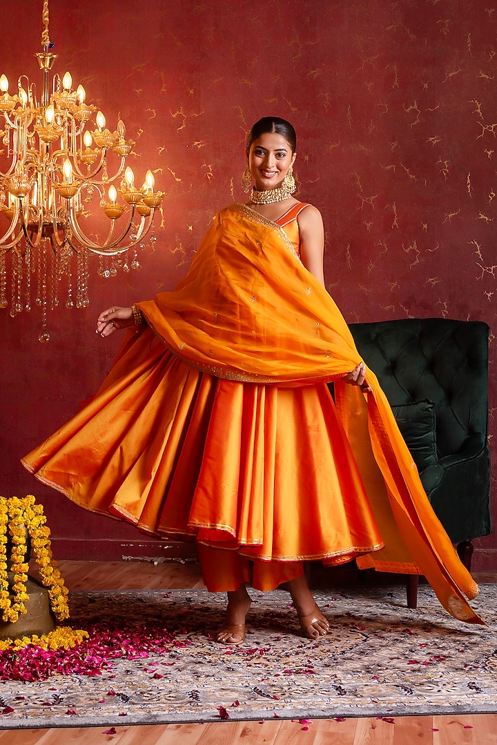 Saffron Orange Taffeta Gota Patti Work Party Wear Anarkali Set by Pomcha Jaipur at Pernia's Pop Up Shop