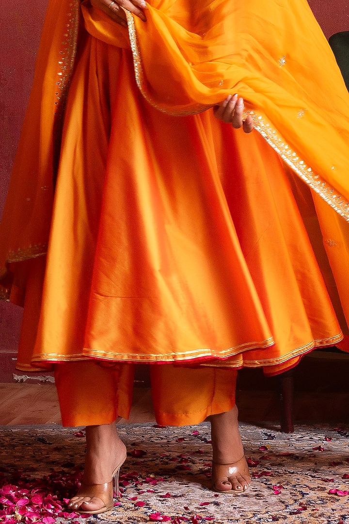 Saffron Orange Taffeta Gota Patti Work Party Wear Anarkali Set by Pomcha Jaipur at Pernia's Pop Up Shop