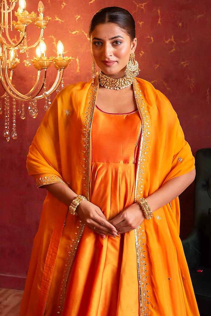 Saffron Orange Taffeta Gota Patti Work Party Wear Anarkali Set by Pomcha Jaipur at Pernia's Pop Up Shop
