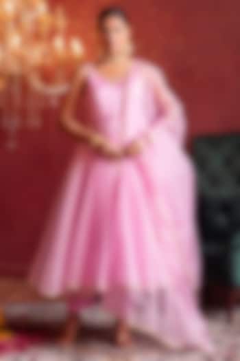 Blush Pink Organza Gota Patti Work Party Wear Anarkali Set by Pomcha Jaipur at Pernia's Pop Up Shop