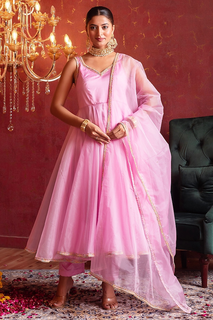 Blush Pink Organza Gota Patti Work Party Wear Anarkali Set by Pomcha Jaipur at Pernia's Pop Up Shop
