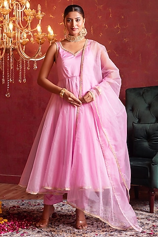 Blush Pink Organza Gota Patti Work Anarkali Set by Pomcha Jaipur