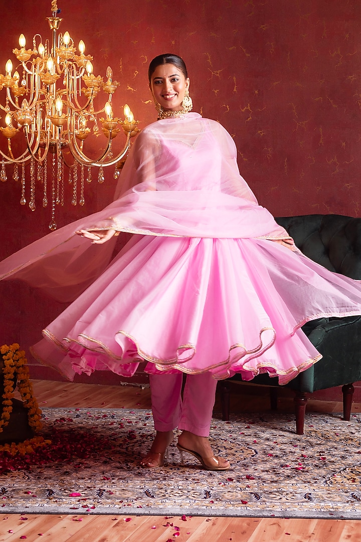 Blush Pink Organza Gota Patti Work Party Wear Anarkali Set by Pomcha Jaipur at Pernia's Pop Up Shop