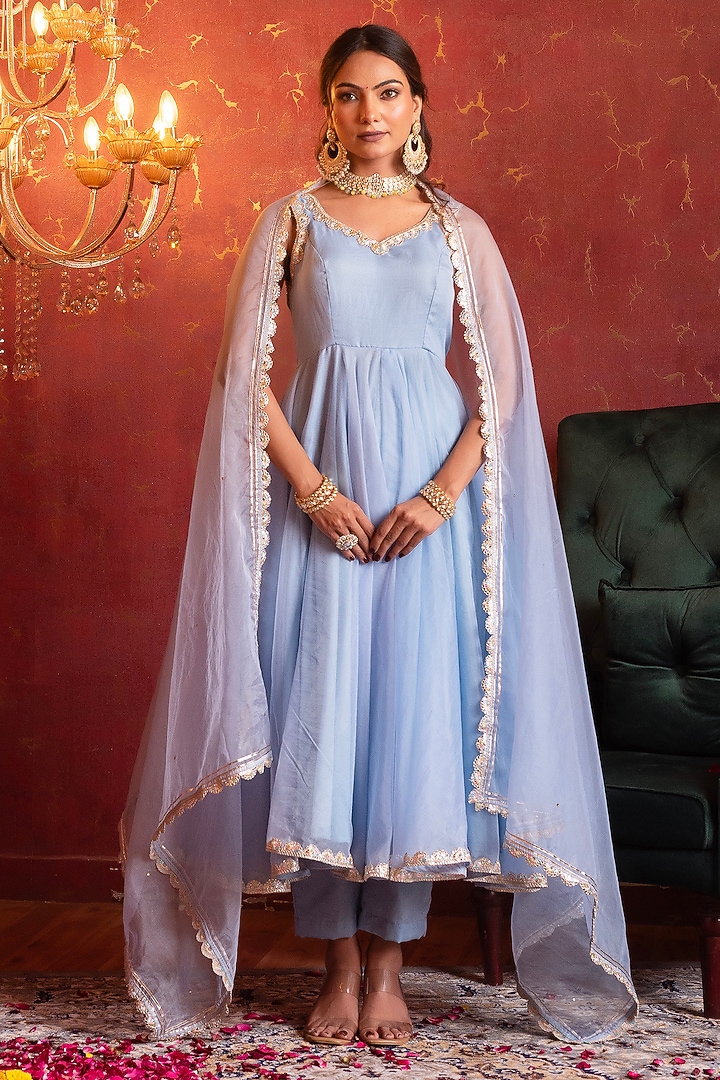 Powder Blue Organza Gota Patti Work Party Wear Anarkali Set by Pomcha Jaipur at Pernia's Pop Up Shop