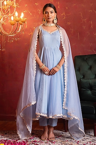 Powder Blue Organza Gota Patti Work Anarkali Set by Pomcha Jaipur