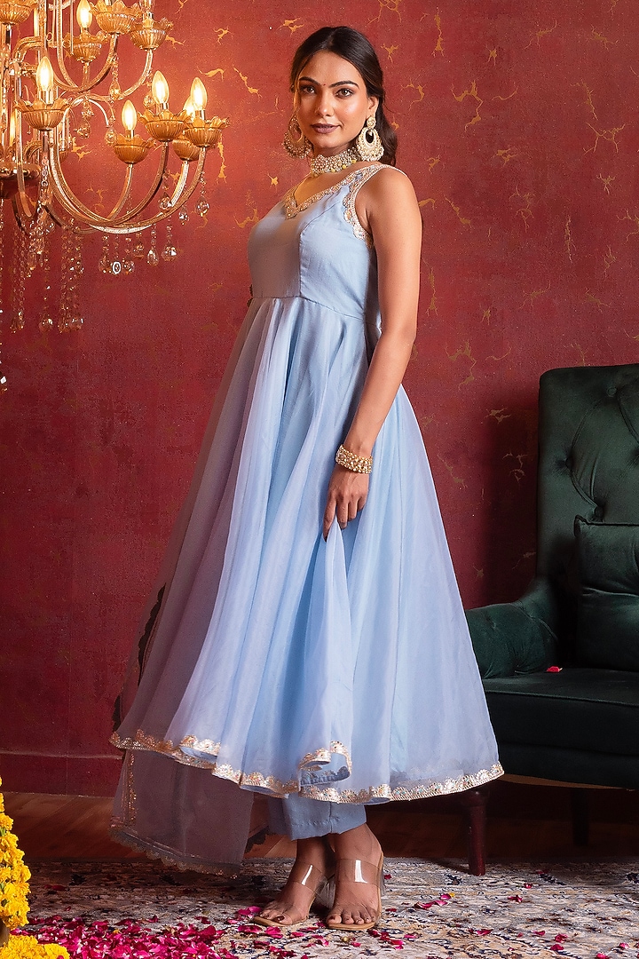 Powder Blue Organza Gota Patti Work Party Wear Anarkali Set by Pomcha Jaipur at Pernia's Pop Up Shop