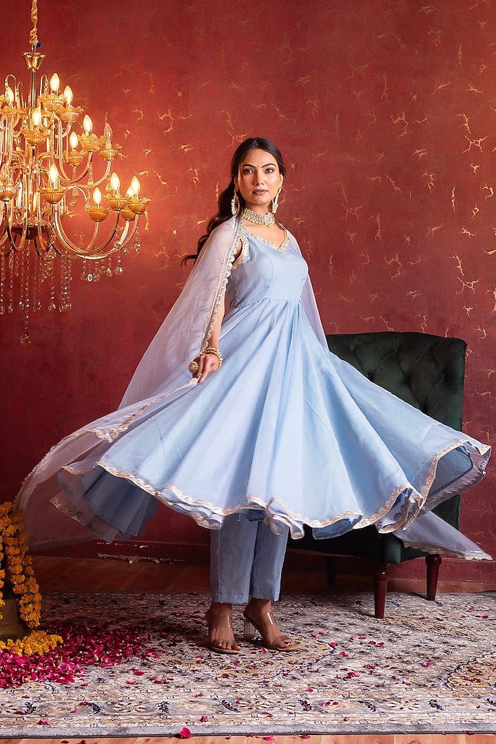 Powder Blue Organza Gota Patti Work Party Wear Anarkali Set by Pomcha Jaipur at Pernia's Pop Up Shop