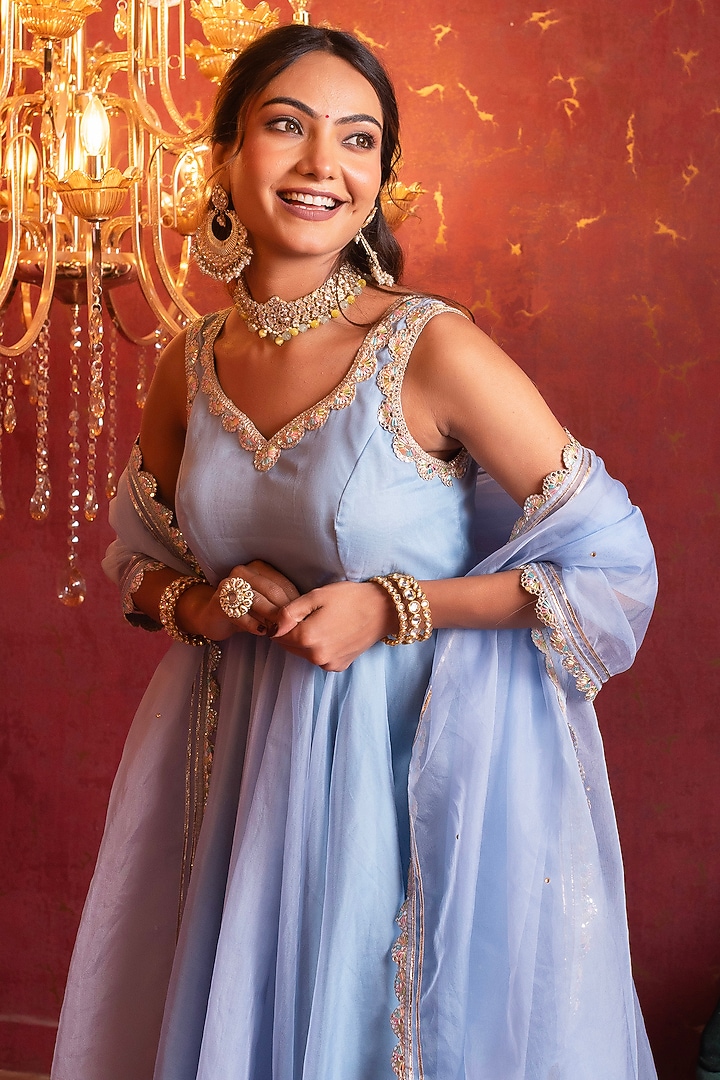 Powder Blue Organza Gota Patti Work Party Wear Anarkali Set by Pomcha Jaipur at Pernia's Pop Up Shop
