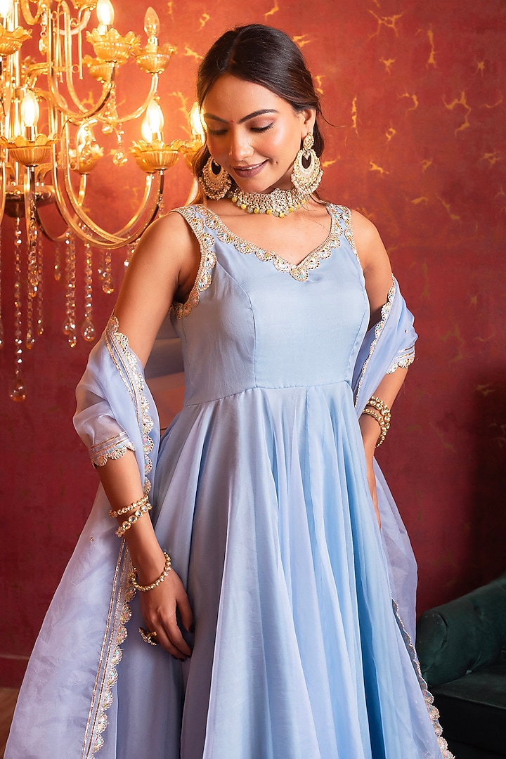 Powder Blue Organza Gota Patti Work Party Wear Anarkali Set by Pomcha Jaipur at Pernia's Pop Up Shop