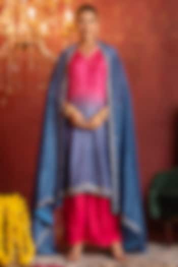 Pink & Blue Silk Zardosi Handwork Straight Kurta Set by Pomcha Jaipur at Pernia's Pop Up Shop