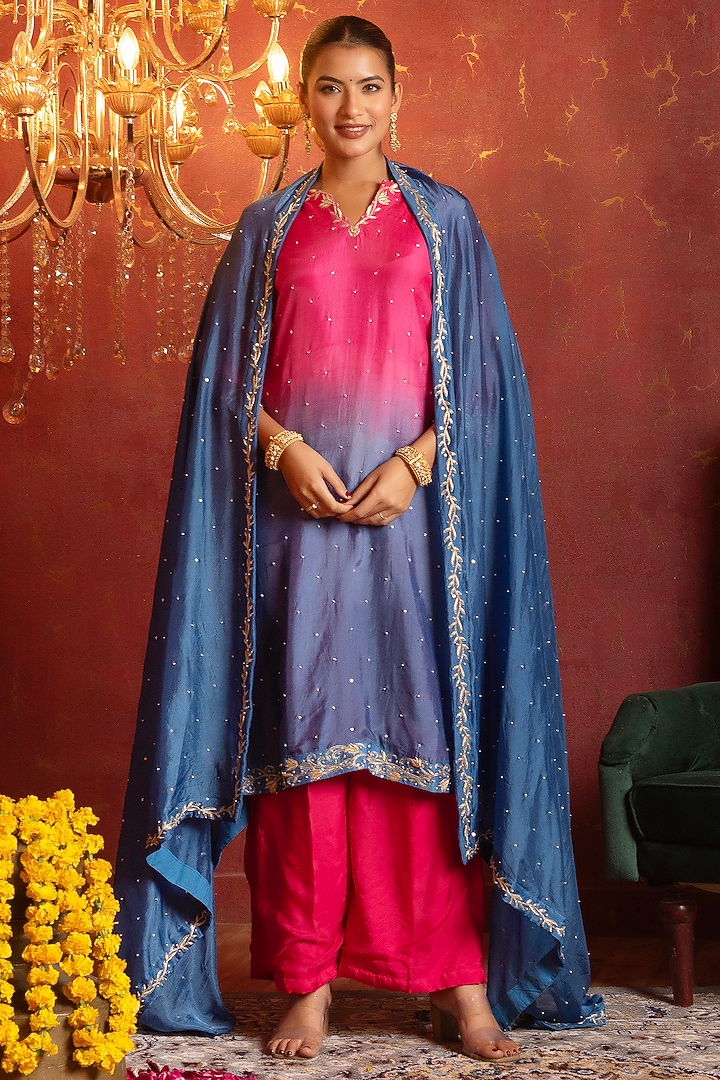 Pink & Blue Silk Zardosi Handwork Straight Kurta Set by Pomcha Jaipur at Pernia's Pop Up Shop
