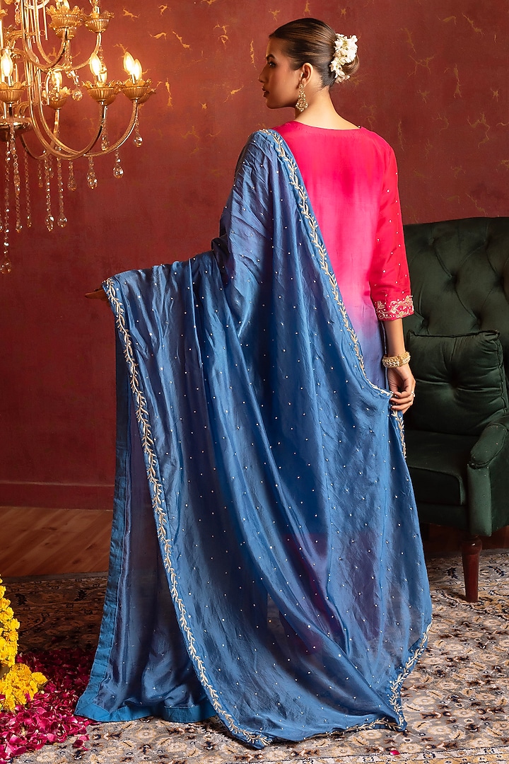 Pink & Blue Silk Zardosi Handwork Straight Kurta Set by Pomcha Jaipur at Pernia's Pop Up Shop