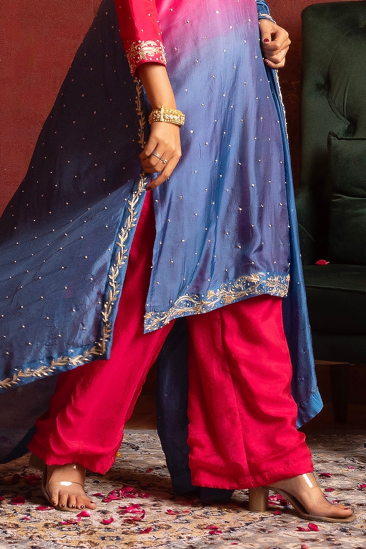 Pink & Blue Silk Zardosi Handwork Straight Kurta Set by Pomcha Jaipur at Pernia's Pop Up Shop
