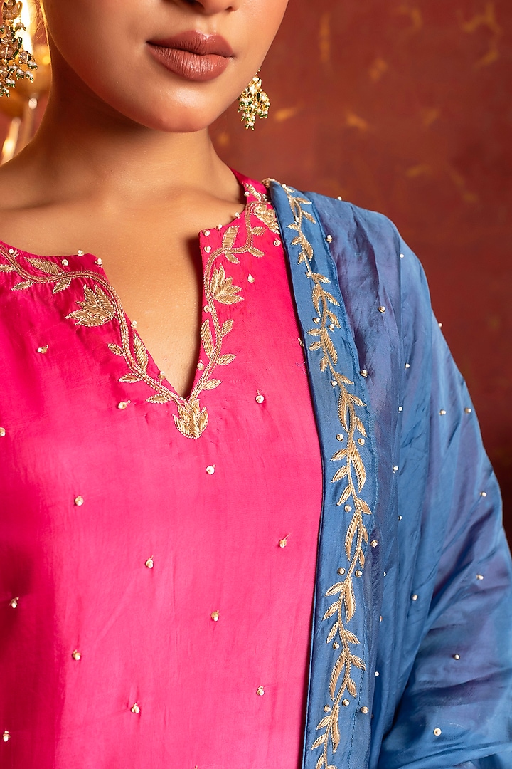Pink & Blue Silk Zardosi Handwork Straight Kurta Set by Pomcha Jaipur at Pernia's Pop Up Shop