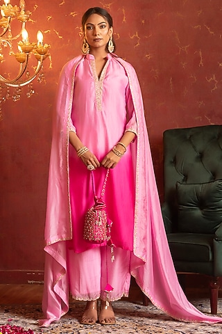 Pink Silk Zardosi Handwork Straight Kurta Set by Pomcha Jaipur