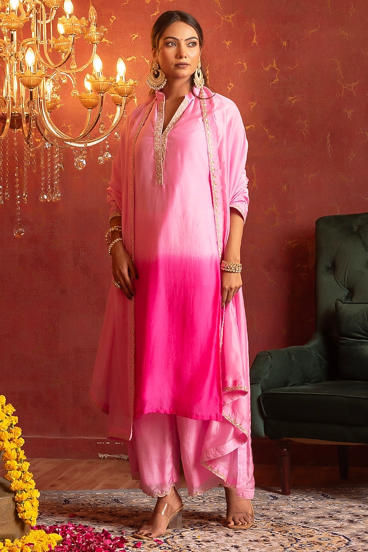 Pink Silk Zardosi Handwork Straight Kurta Set by Pomcha Jaipur at Pernia's Pop Up Shop