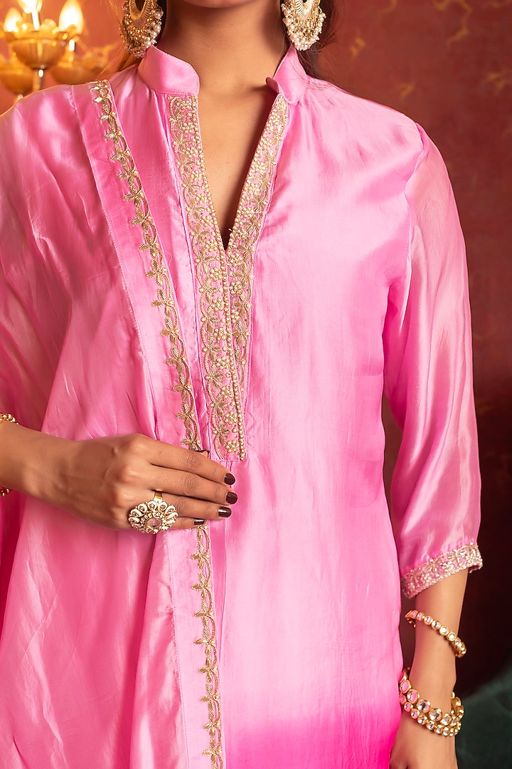Pink Silk Zardosi Handwork Straight Kurta Set by Pomcha Jaipur at Pernia's Pop Up Shop