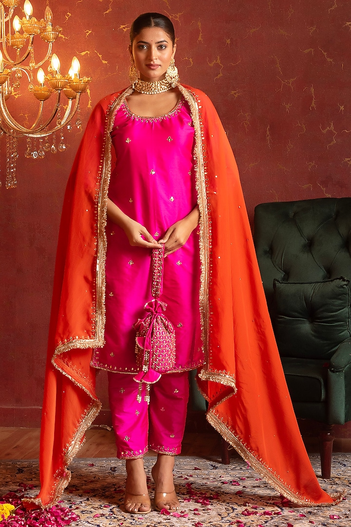 Hot Pink Taffeta Zari Handwork Straight Kurta Set by Pomcha Jaipur at Pernia's Pop Up Shop