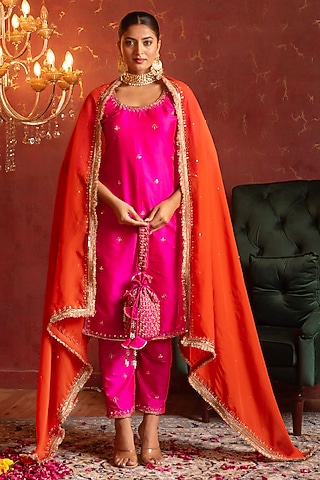 Hot Pink Taffeta Zari Handwork Straight Kurta Set by Pomcha Jaipur