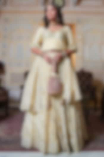 Gold Cosmos Silk Gota Patti Hand Embroidered Wedding Lehenga Set by Pomcha Jaipur at Pernia's Pop Up Shop