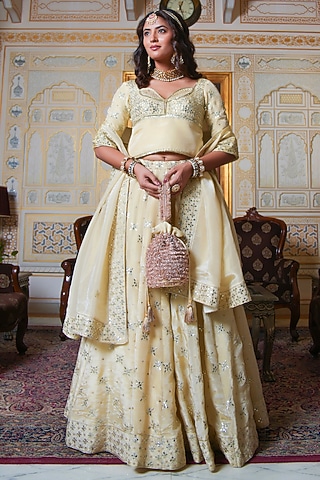 Gold Cosmos Silk Gota Patti Hand Embroidered Lehenga Set by Pomcha Jaipur