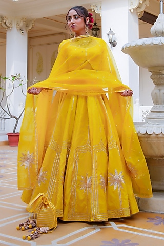 Yellow Organza Gota Patti Hand Embroidered Lehenga Set by Pomcha Jaipur